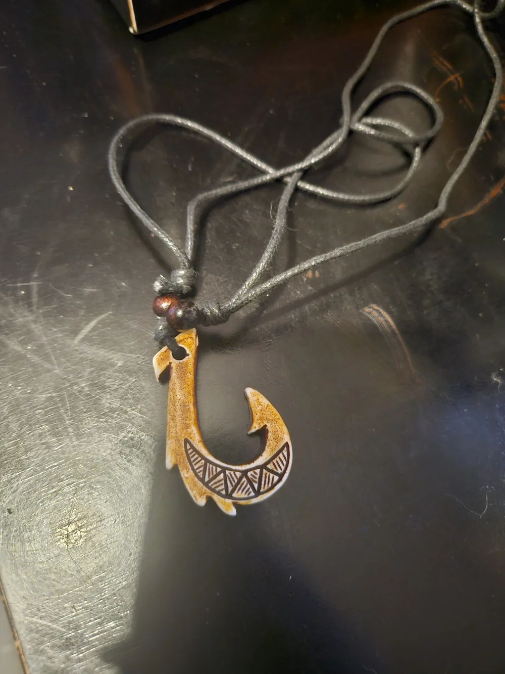 Carved Fish Hook Pendant Necklace in Brown and Black
